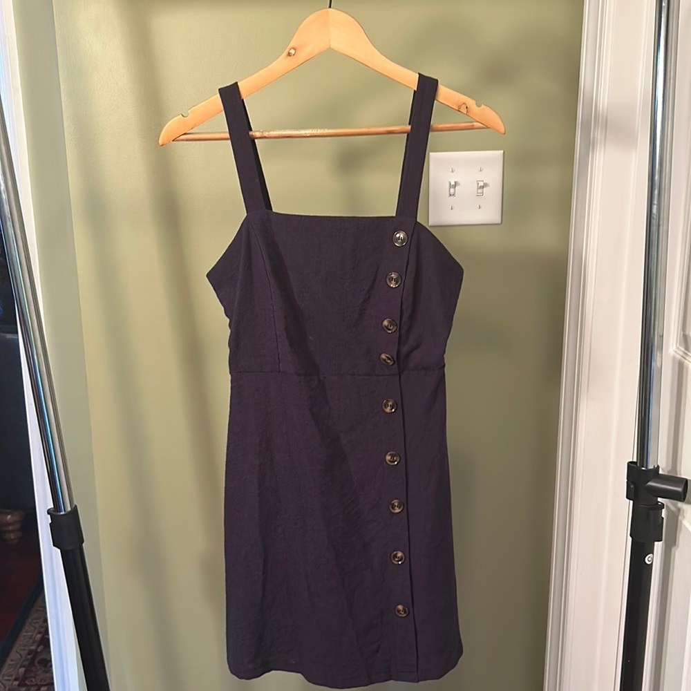 navy blue overall dress button detail on side